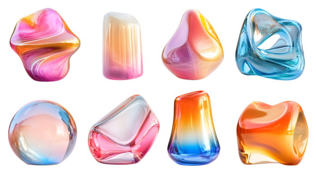 set of abstract shapes with glass texture and colorful reflections isolated on white 3d rendering illustration.stock image