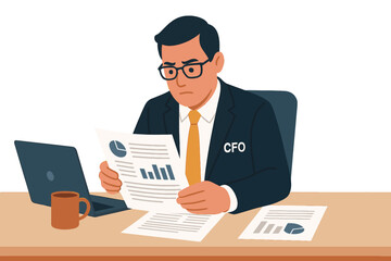 CFO carefully reviewing printed financial statements at desk in focused office environment flat vector illustration