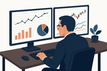 CFO analyzing financial charts on dual monitors in modern office flat vector illustration