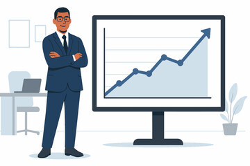 CFO standing confidently beside screen showing market trends in corporate office flat vector illustration