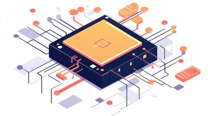 Isometric computer chip illustration with circuits and components