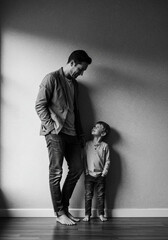 Father and Son Standing Barefoot Indoors – Black and White Portrait