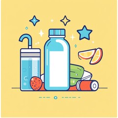 Refreshing Drink with Fruits and Sparkles on Bright Yellow Background