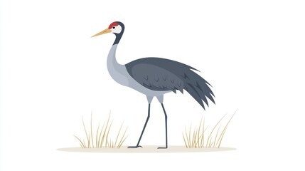 Obraz premium Illustration of a grey crane bird standing on dry grass against white background