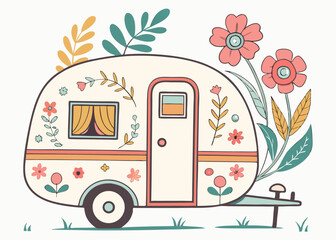 Cute floral campervan illustration for summer camping and outdoor adventure designs and travel inspiration
