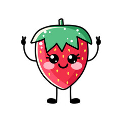 Kawaii strawberry fruit character with legs and arms peace sign. Smiling fruit face for children, kids. Sweet cute illustration for kids isolated on white background