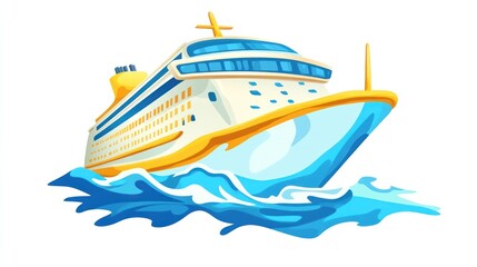 Naklejka premium Cartoon cruise ship sailing on blue waves, vibrant and isolated