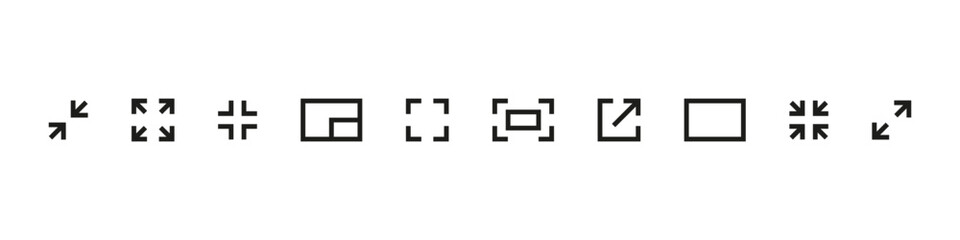 Full screen icon. Enlarge screen vector set. Isolated expand scale sign. Bigger size display symbol. Full screen enlarge button. Open window sign.