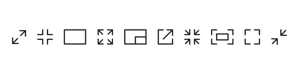 Full screen icon. Enlarge screen vector set. Isolated expand scale sign. Bigger size display symbol. Full screen enlarge button. Open window sign.