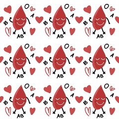 Seamless pattern featuring a cute smiling blood drop cartoon with arms and legs, surrounded by heart icons and blood types (A, B, AB, O). Ideal for World Blood Donor Day, medical-themed design.