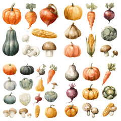 Watercolor illustration of autumn vegetables including pumpkins, carrots, mushrooms, garlic, corn, and squash. Perfect for harvest, farming, and seasonal food designs.

