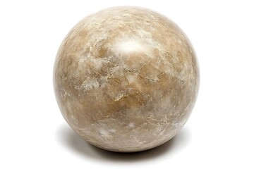 A close up shot of a beige marble sphere with white veining on a white background in soft lighting