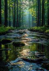 A calm river flows through a green forest.