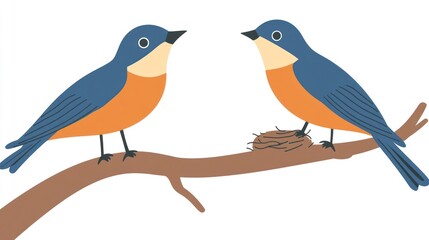 Obraz premium Two blue birds on a branch with a nest