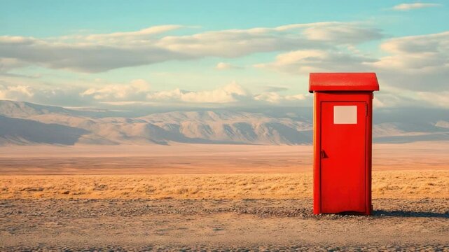 Isolated Red Mailbox Against Stunning Desert Landscape with Blue Sky and Mountains in Background 4k video footage