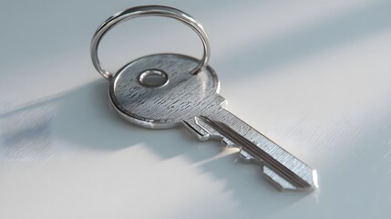Shiny Silver Key with Ring Resting on a Bright, Reflective Surface
