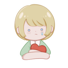 Crying little girl hugging a heart. cute pastel illustration. Png file.