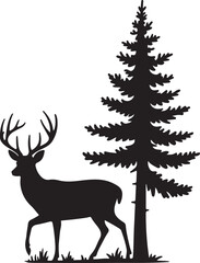 Obraz premium Mountain Deer Silhouette Vector DesignMajestic Deer in Forest Landscape ClipartRustic Wildlife Scene – Deer and MountainsAntlered Stag with Mountain Backdrop VectorDeer in Nature – Wildlife Si