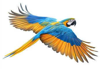 Obraz premium A vibrant blue and yellow macaw in mid-flight, wings outstretched, against a white background, showcasing its stunning plumage.