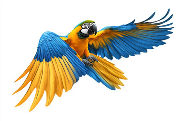 Fototapeta premium A vibrant blue and yellow macaw in mid-flight, wings outstretched, against a white background, showcasing its stunning plumage.