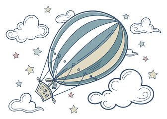 Cartoon hot air balloon flying in the sky with clouds and stars vector illustration graphic design
