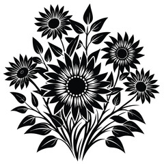Sunflower floral vector design element black and white botanical illustration clip art graphic isolated on white
