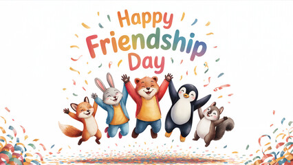 Naklejka premium Cheerful Cartoon Animals Celebrating Happy Friendship Day with Confetti on White Background Illustration