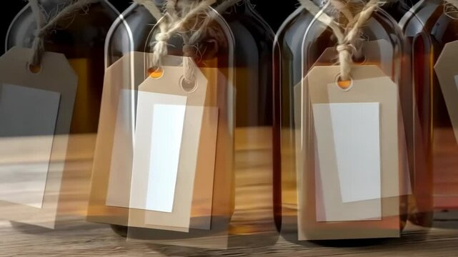 Crafting homemade beverages in glass bottles with rustic labels on a wooden surface