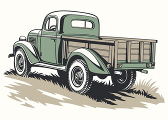 Vintage green pickup truck classic antique vehicle automotive transportation illustration design 1930s
