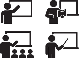 Teacher with chalkboard icons set