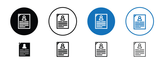 Set of 5 pixel perfect colored Resume icon with 1 unexpanded, 1 silhouette, Icon of a resume document with profile picture and text.