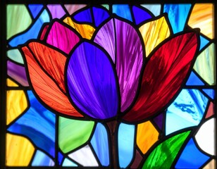 Stained glass tulip with glowing jewel-toned petals framed in black lead lines