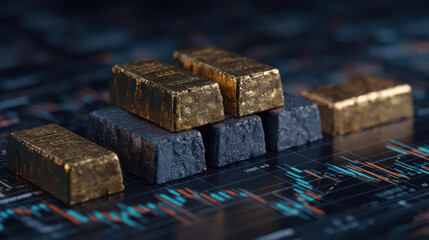 Gold and black metal bars financial chart, symbolizing investment