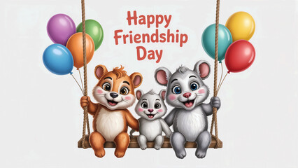 Happy Friendship Day Cartoon Animals on a Swing with Balloons, Celebrate Together!