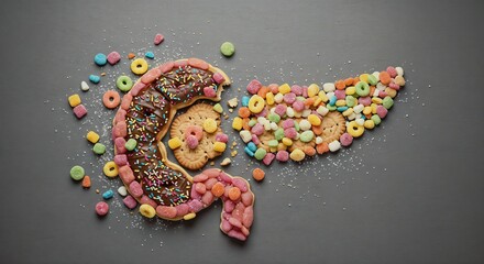 A unique cookie and candy artwork of a pancreas showcases insulin resistance through vibrant colors and playful shapes to promote diabetes awareness.