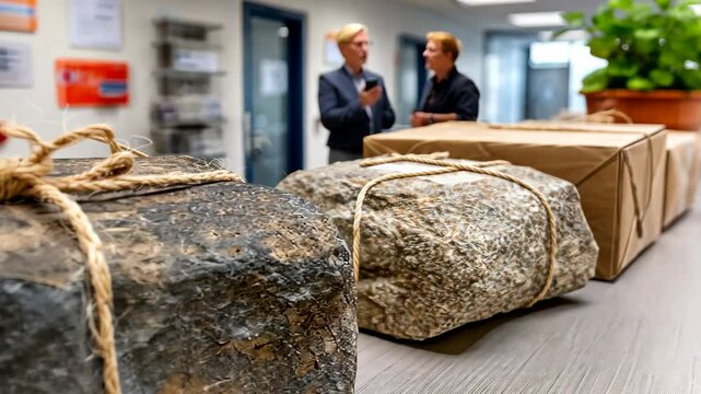 Discussion about unconventional materials in the workspace featuring wrapped stones and boxes in an office environment