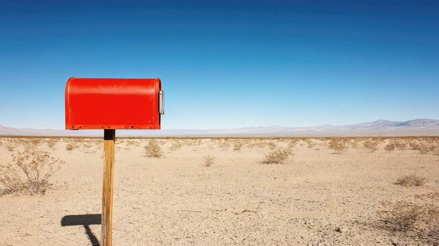 Bright Red Mailbox Standing Alone in Arid Desert Landscape Under Clear Blue Sky and Mountains in Background 4k video footage