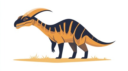 Cartoon parasaurolophus, orange and dark blue, stands on short grass