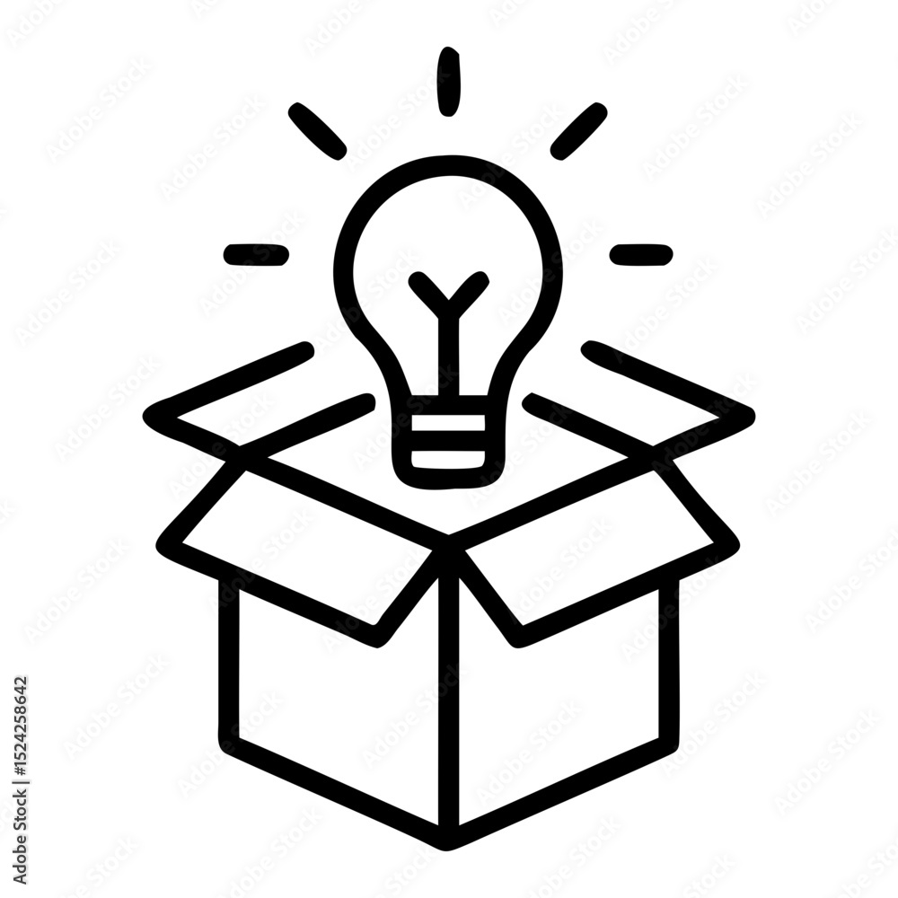 Poster a lightbulb shining brightly above an open cardboard box in a simple line art on transparent backgro