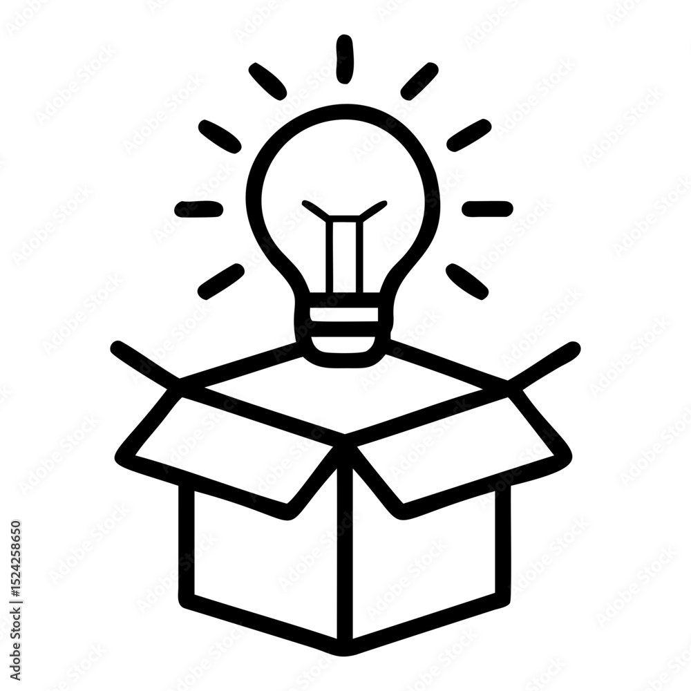 Poster an open box with a lightbulb emitting rays above it in a simple black outline on transparent backgro