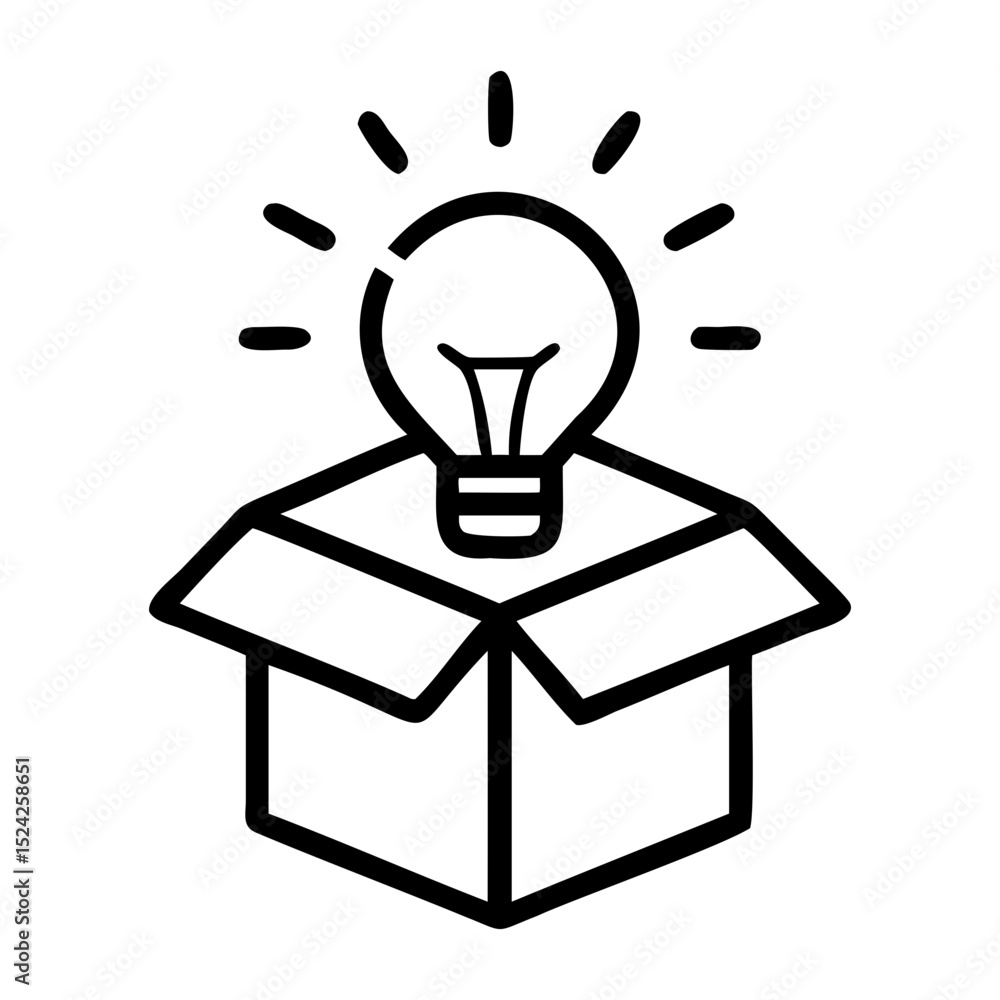 Poster a lightbulb shining above an open box suggesting ideas and thinking outside box on transparent backg