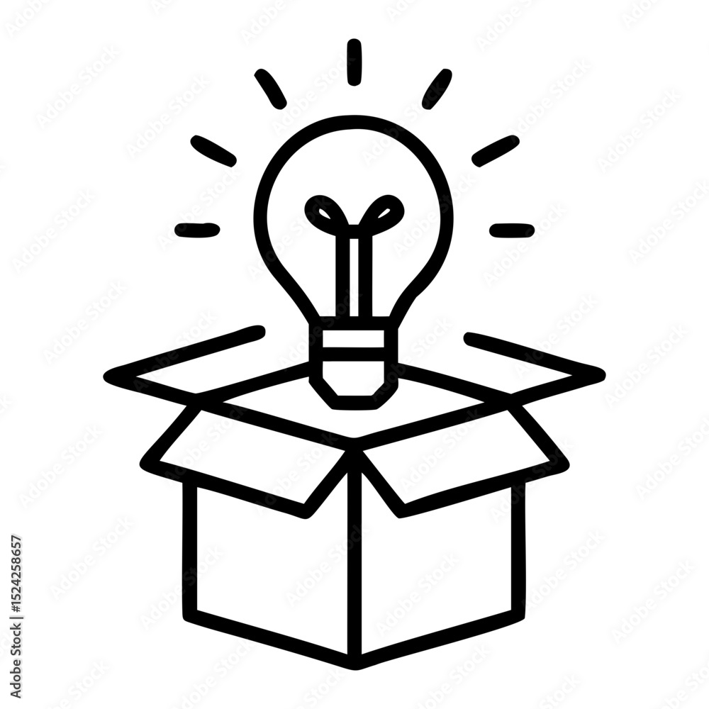 Poster lightbulb radiating above open cardboard box representing idea generation process on transparent bac