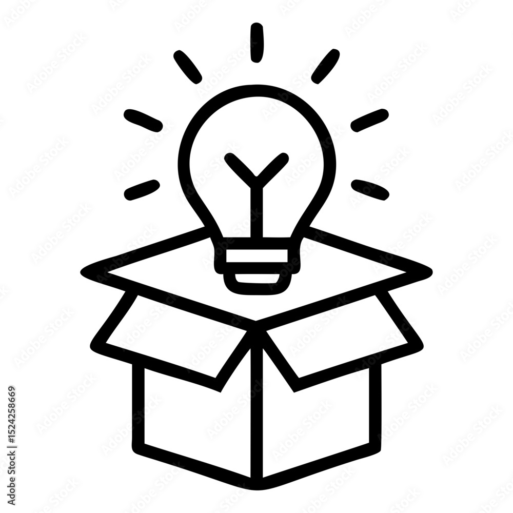 Poster a lightbulb emitting light rays placed on top of an open cardboard box outline art on transparent ba