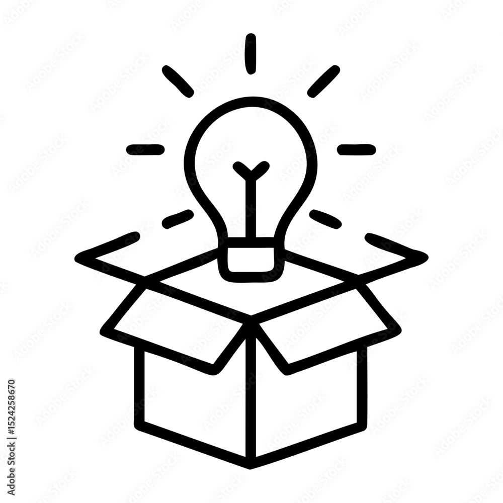 Poster lightbulb shining above an open box representing innovative thinking process on transparent backgrou