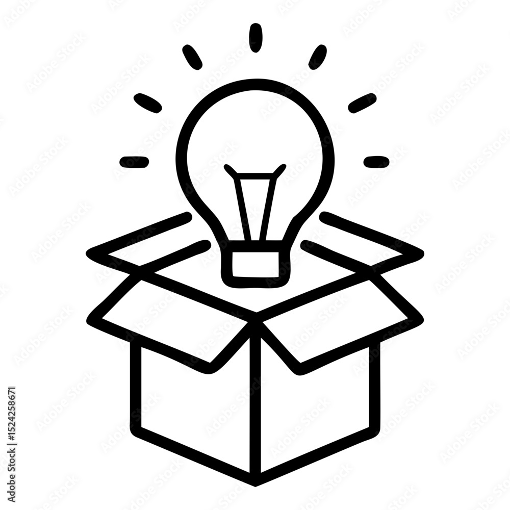 Poster a lightbulb emitting light rays sitting inside an open cardboard box outline art on transparent back