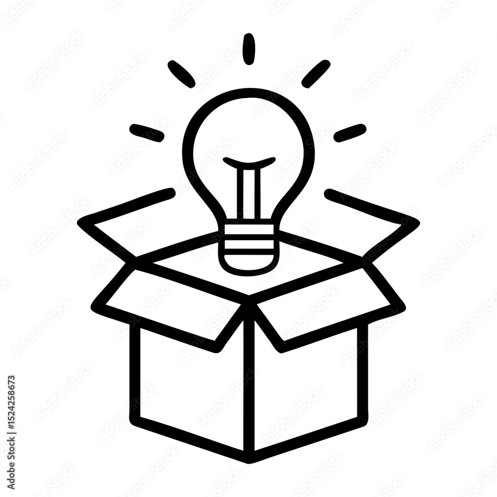Poster lightbulb shining above an open box suggesting innovation and thinking outside box on transparent ba