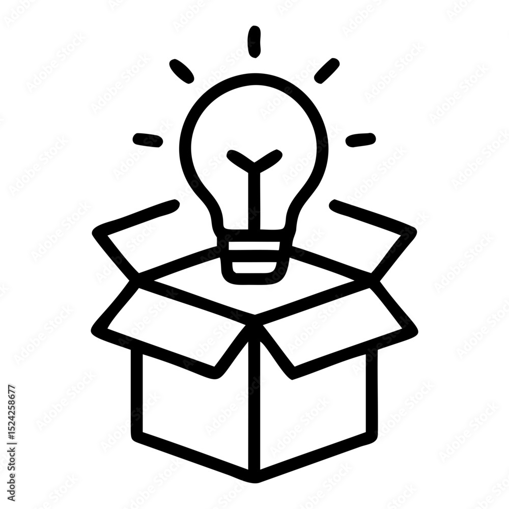 Poster lightbulb shining brightly above an open cardboard box in a minimalist design on transparent backgro