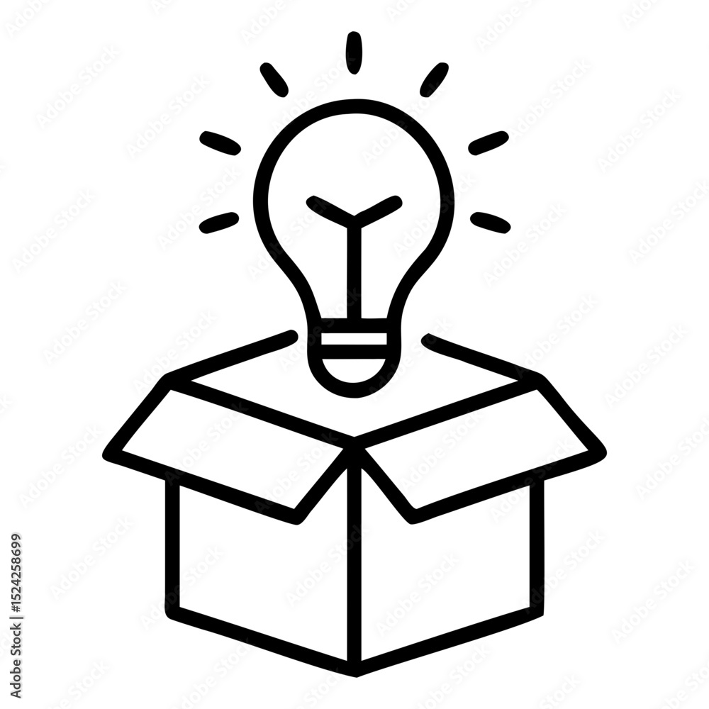 Poster a box with an open top and a light bulb shining above it in a minimalist style on transparent backgr