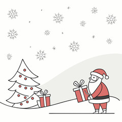 Vector Christmas background with snowflakes, gifts, and Santa Claus in minimalist style"