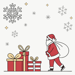 Vector Christmas background with snowflakes, gifts, and Santa Claus in minimalist style
